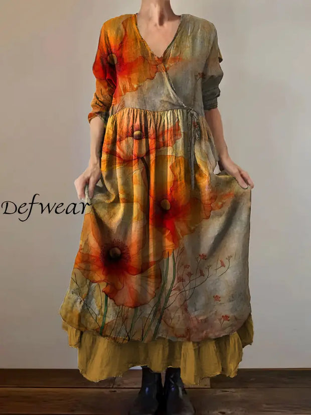 Vintage V-neck Bohemian Floral Print Elegant Chic Loose Midi Dress A / S