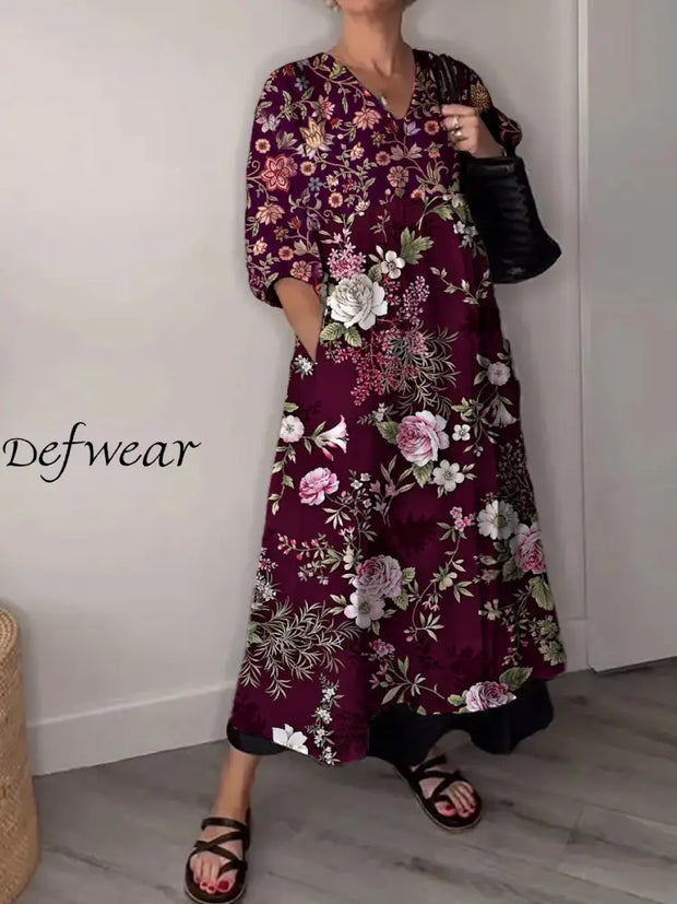 Vintage V-neck Bohemian Floral Print Elegant Chic Loose Midi Dress A / S