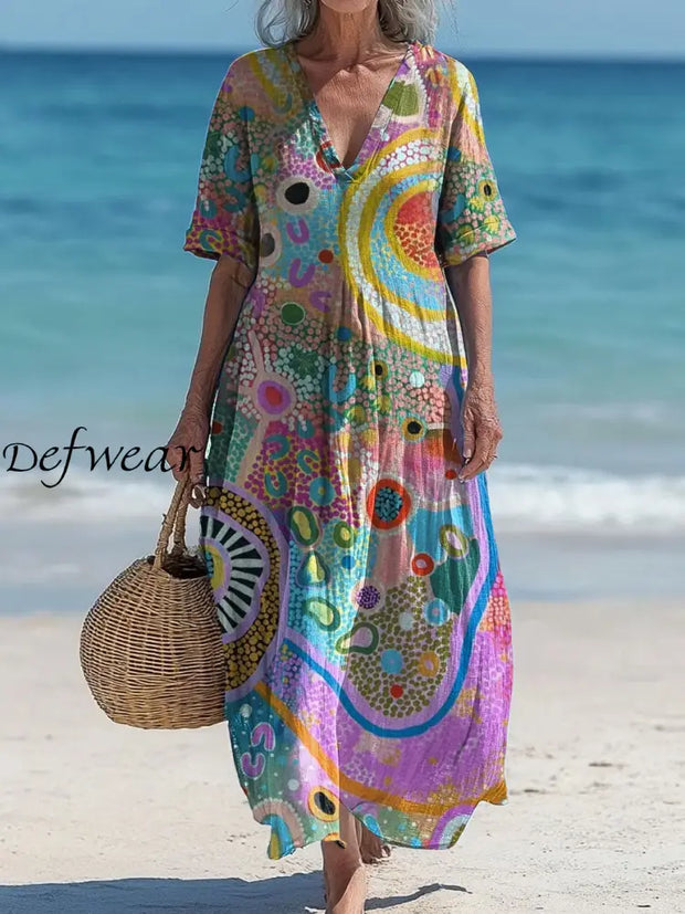 Vintage V-neck Bohemian Floral Print Elegant Chic Loose Midi Dress A / S