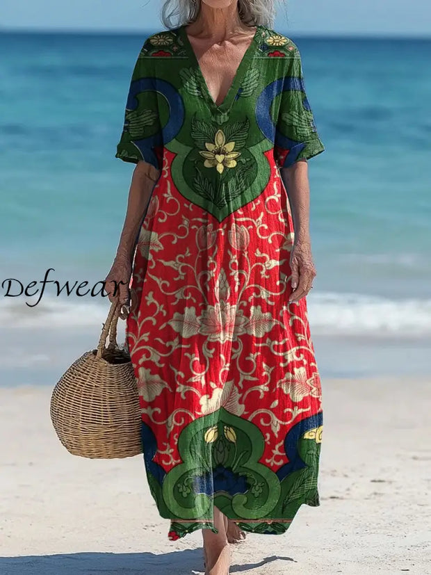 Vintage V-neck Bohemian Floral Print Elegant Chic Loose Midi Dress A / S