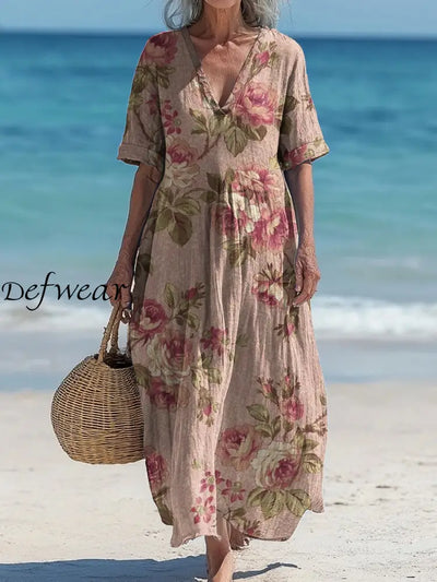 Vintage V-neck Bohemian Floral Print Elegant Chic Loose Midi Dress A / S