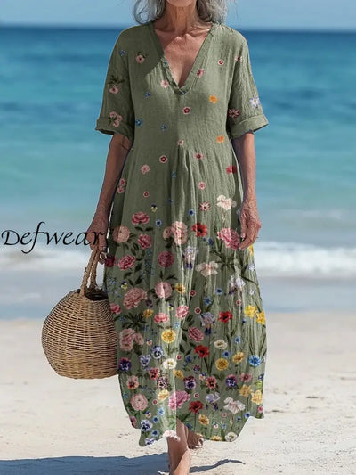 Vintage V-neck Bohemian Floral Print Elegant Chic Loose Midi Dress A / S