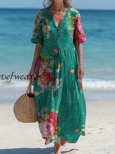 Vintage V-neck Bohemian Floral Print Elegant Chic Loose Midi Dress A / S