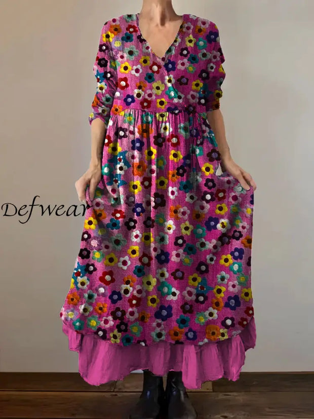 Vintage V-neck Bohemian Floral Print Elegant Chic Loose Midi Dress A / S