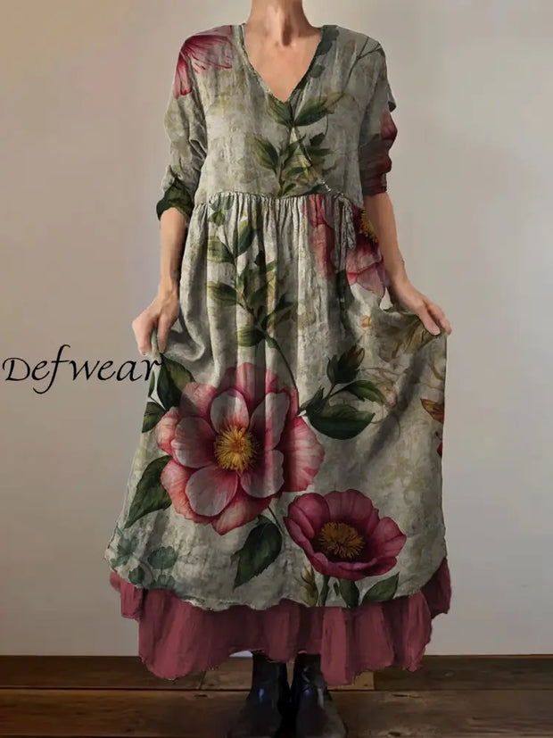 Vintage V-neck Bohemian Floral Print Elegant Chic Loose Midi Dress A / S