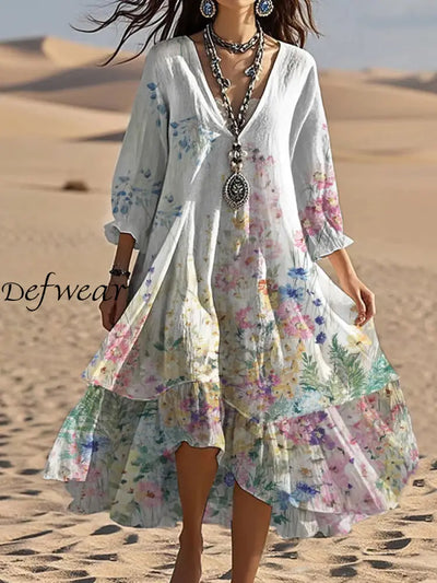 Vintage V-neck Bohemian Floral Print Elegant Chic Loose Midi Dress A / S