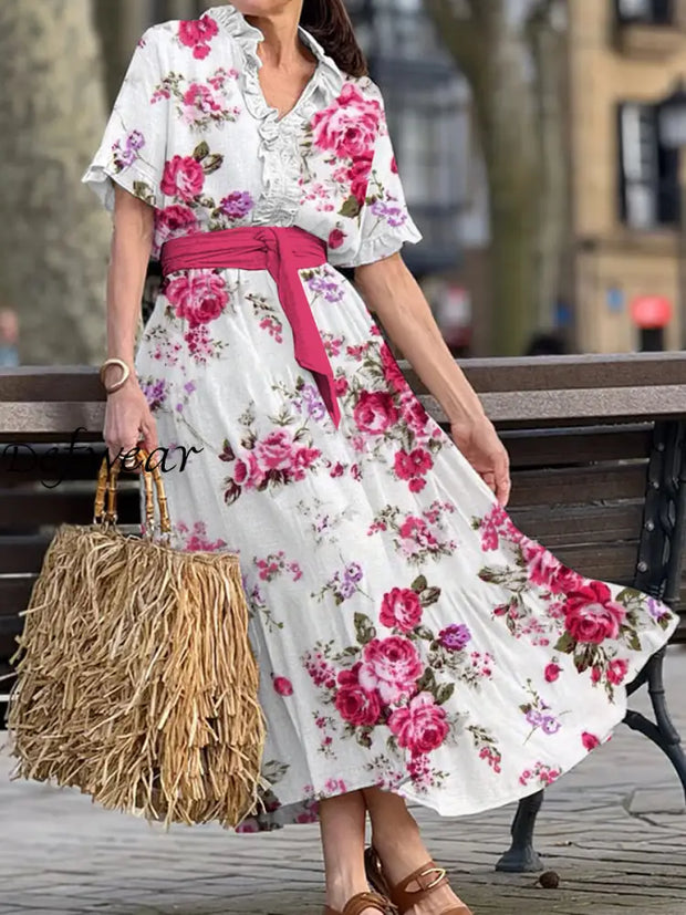 Vintage V-neck Bohemian Floral Print Elegant Chic Loose Midi Dress A / S