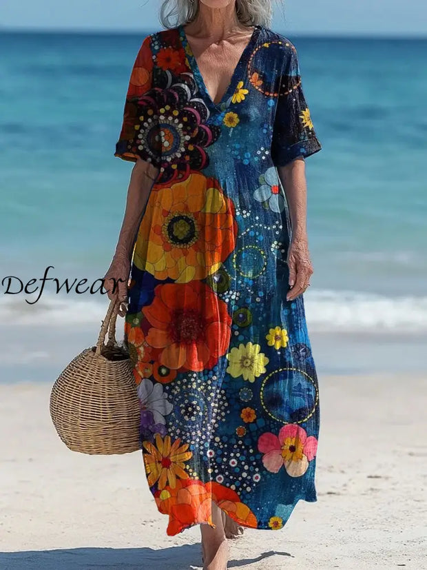 Vintage V-neck Bohemian Floral Print Elegant Chic Loose Midi Dress A / S