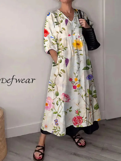 Vintage V-neck Bohemian Floral Print Elegant Chic Loose Midi Dress A / S