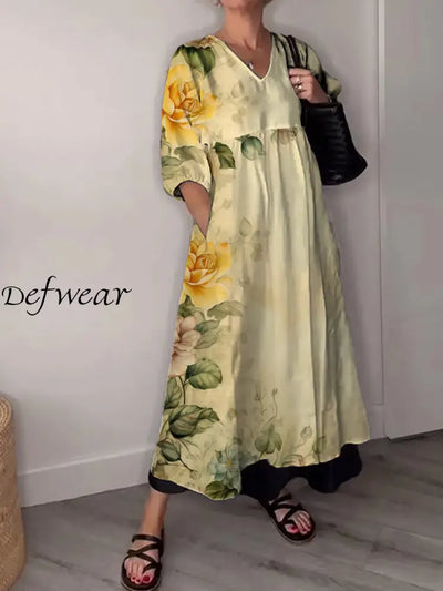 Vintage V-neck Bohemian Floral Print Elegant Chic Loose Midi Dress A / S