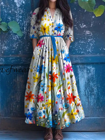 Vintage V-neck Bohemian Floral Print Elegant Chic Loose Midi Dress A / S