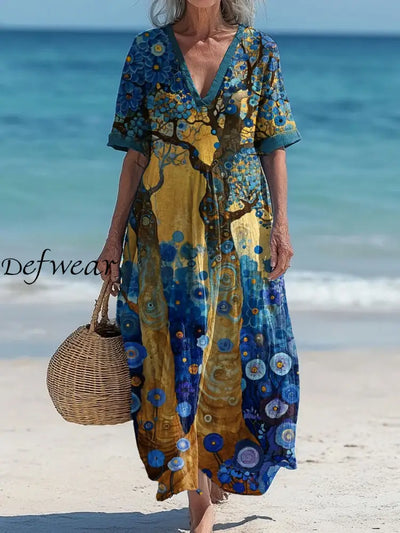 Vintage V-neck Bohemian Floral Print Elegant Chic Loose Midi Dress A / S