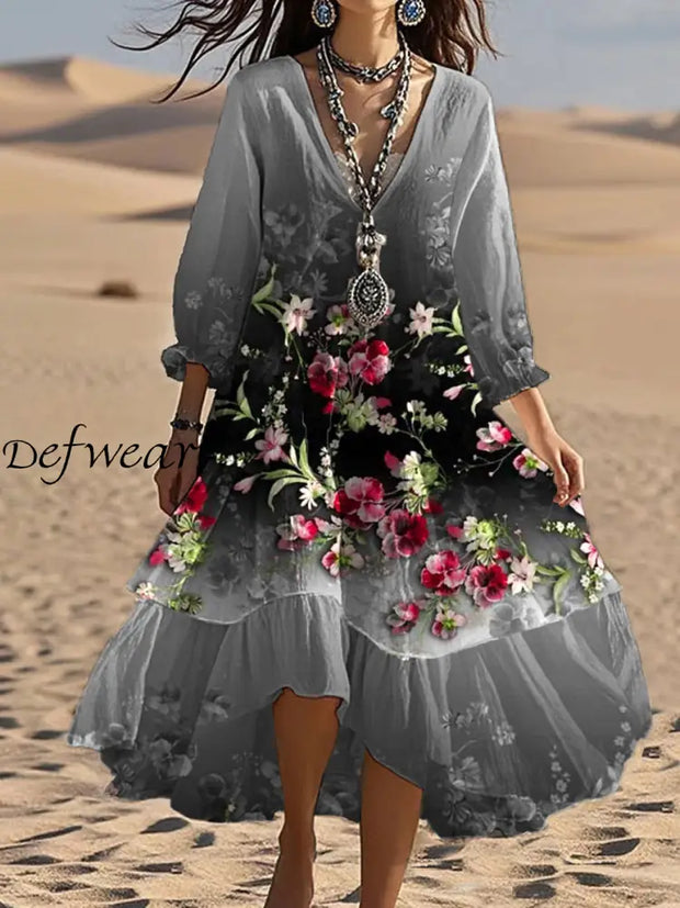 Vintage V-neck Bohemian Floral Print Elegant Chic Loose Midi Dress A / S