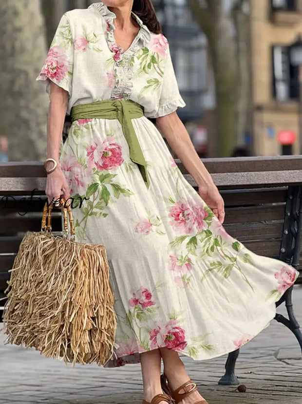 Vintage V-neck Bohemian Floral Print Elegant Chic Loose Midi Dress A / S