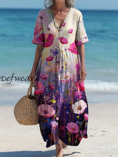 Vintage V-neck Bohemian Floral Print Elegant Chic Loose Midi Dress A / S