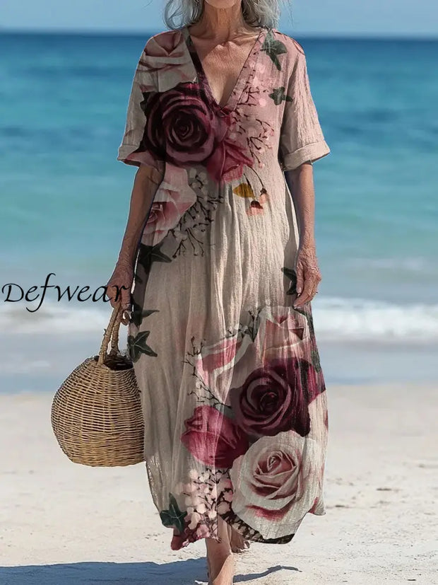 Vintage V-neck Bohemian Floral Print Elegant Chic Loose Midi Dress A / S