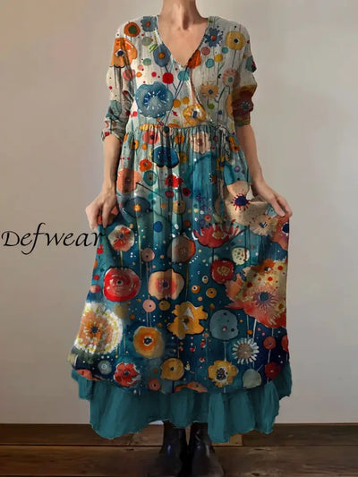 Vintage V-neck Bohemian Floral Print Elegant Chic Loose Midi Dress A / S