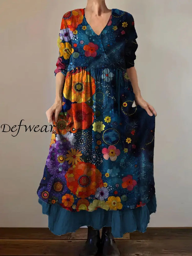 Vintage V-neck Bohemian Floral Print Elegant Chic Loose Midi Dress A / S