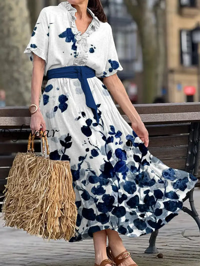 Vintage V-neck Bohemian Floral Print Elegant Chic Loose Midi Dress A / S