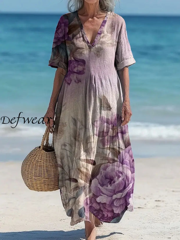 Vintage V-neck Bohemian Floral Print Elegant Chic Loose Midi Dress A / S