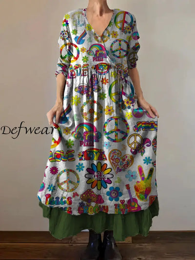 Vintage V-neck Bohemian Hippie Print Elegant Chic Loose Midi Dress A / S