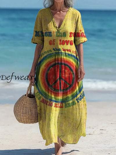 Vintage V-neck Bohemian Hippie Print Elegant Chic Loose Midi Dress A / S