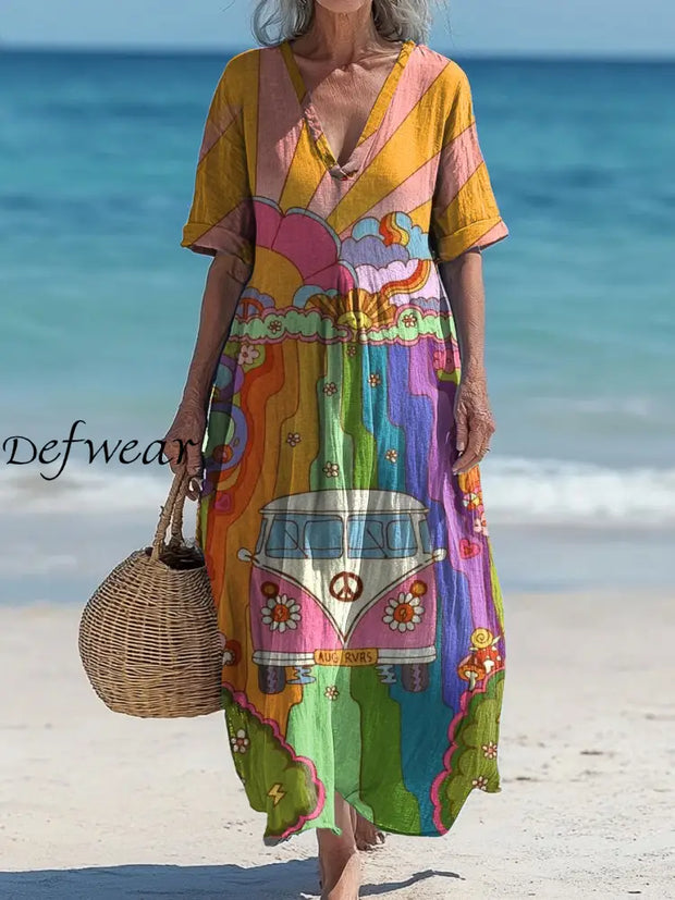 Vintage V-neck Bohemian Hippie Print Elegant Chic Loose Midi Dress A / S