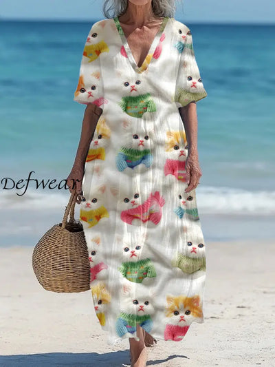 Vintage V-Neck Cat Art Print Elegant And Chic Loose Midi Dress A / S