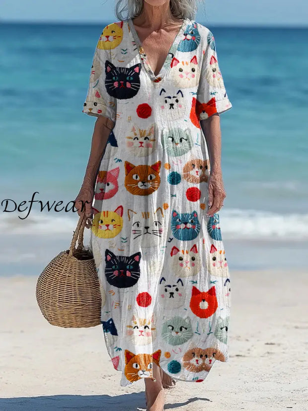 Vintage V-Neck cat Art Print Elegant And Chic Loose Midi Dress A / S