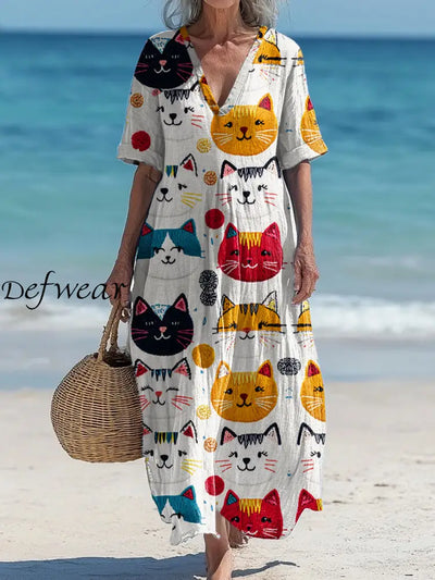 Vintage V-Neck Cat Art Print Elegant And Chic Loose Midi Dress A / S