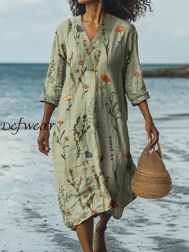 Vintage V-Neck Floral Art Print Elegant And Chic Loose Midi Dress A / S