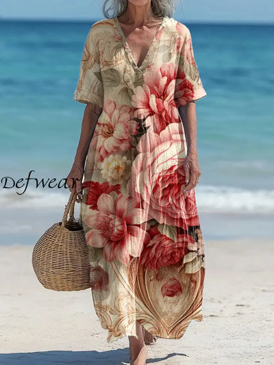 Vintage V-Neck Floral Art Print Elegant And Chic Loose Midi Dress A / S