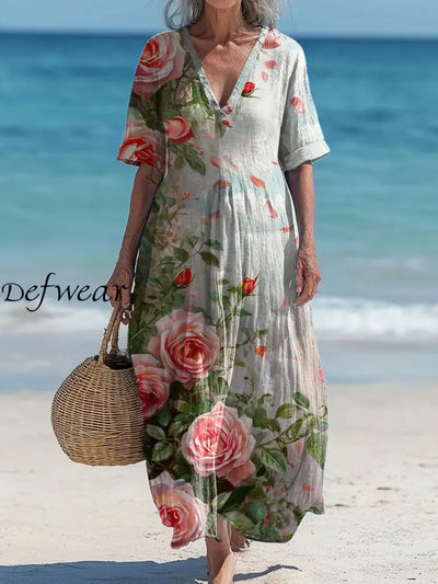 Vintage V-Neck Floral Art Print Elegant And Chic Loose Midi Dress A / S