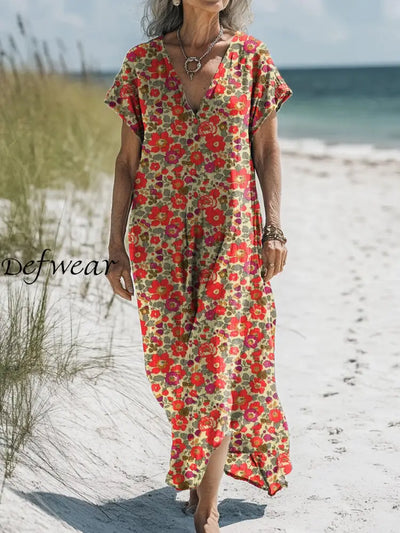 Vintage V-Neck Floral Art Print Elegant And Chic Loose Midi Dress A / S