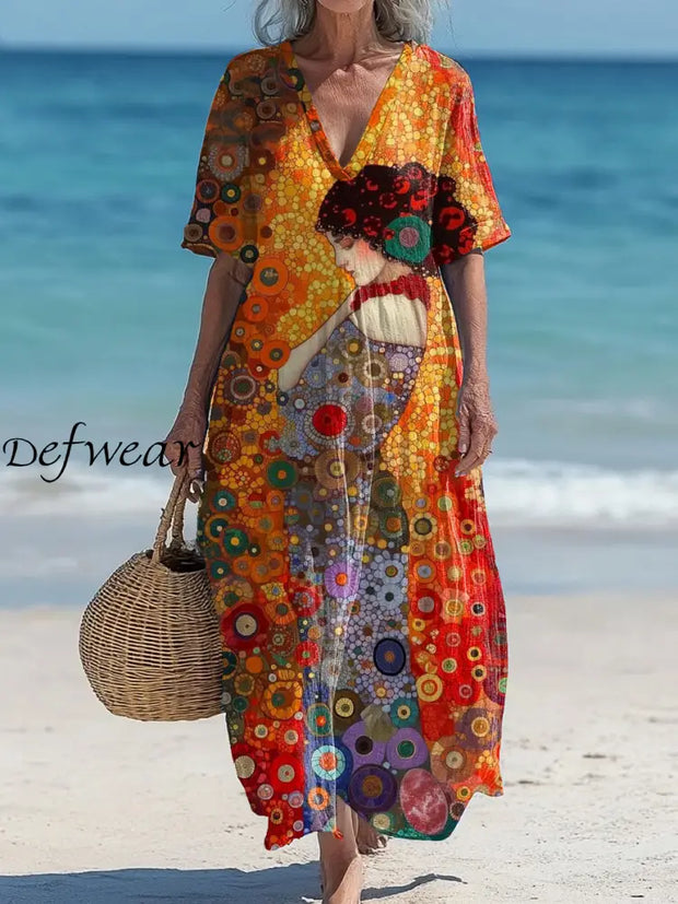 Vintage V-Neck Floral Art Print Elegant And Chic Loose Midi Dress A / S