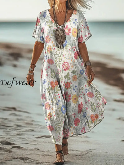 Vintage V-Neck Floral Art Print Elegant And Chic Loose Midi Dress A / S