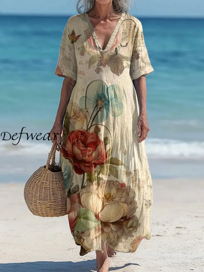 Vintage V-Neck Floral Art Print Elegant And Chic Loose Midi Dress A / S