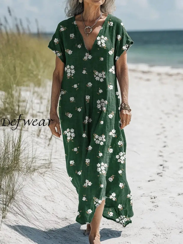 Vintage V-Neck Floral Art Print Elegant And Chic Loose Midi Dress A / S