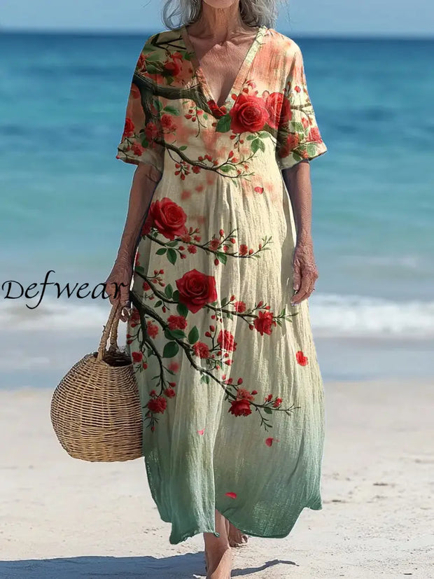 Vintage V-Neck Floral Art Print Elegant And Chic Loose Midi Dress A / S