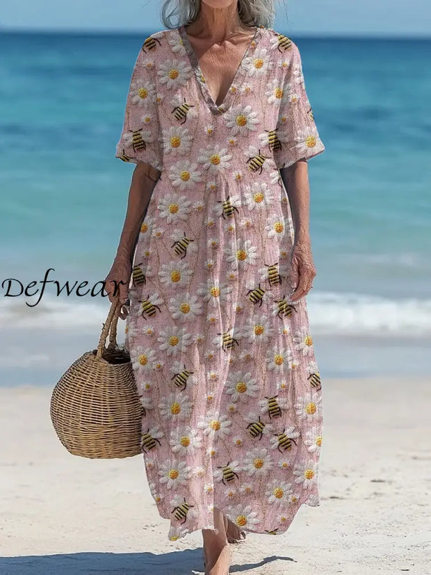 Vintage V-Neck Floral Art Print Elegant And Chic Loose Midi Dress A / S