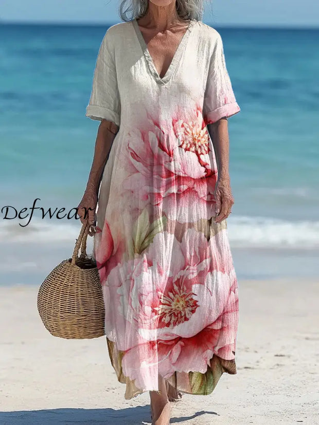 Vintage V-Neck Floral Art Print Elegant And Chic Loose Midi Dress A / S