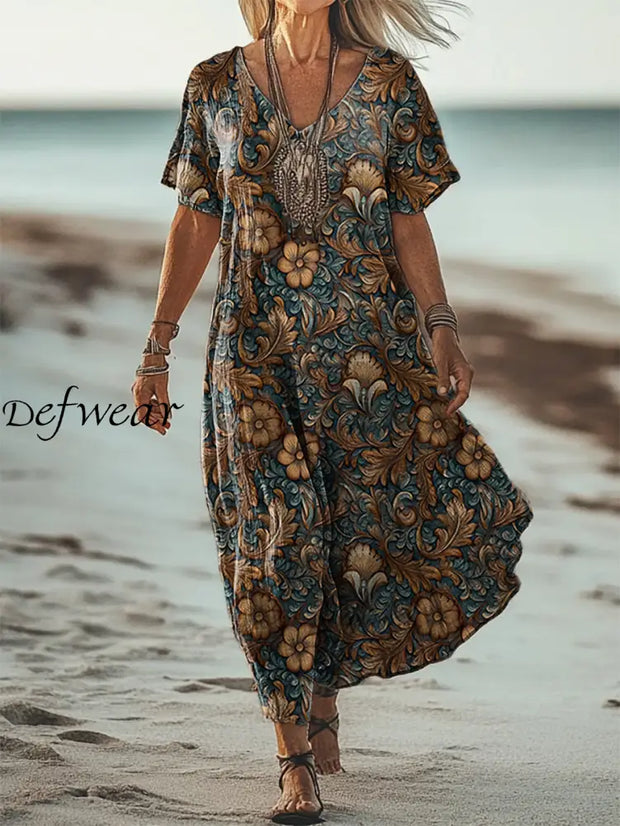 Vintage V-Neck Floral Art Print Elegant And Chic Loose Midi Dress A / S