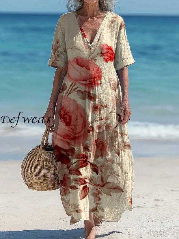 Vintage V-Neck Floral Art Print Elegant And Chic Loose Midi Dress A / S