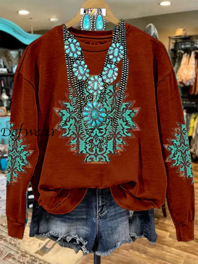 Vintage Western Art Print Casual Round Neck Long Sleeve Sports Top A / S