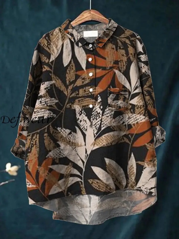 Women’s Abstract Art Contrast Print V-Neck Long Sleeve Pocket Button-Down Shirt A / S