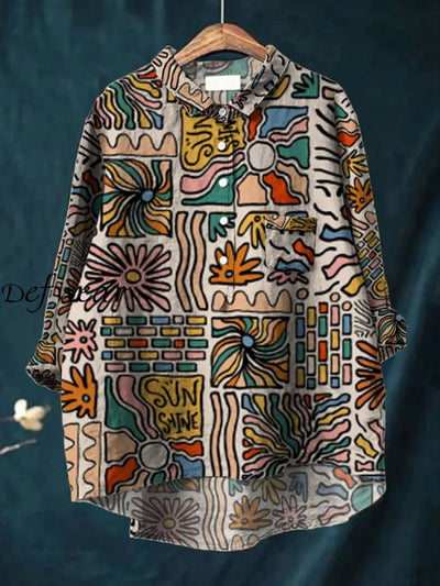 Women’s Abstract Art Print V Neck Lapel Long Sleeve Pocket Button Shirt Top A / S