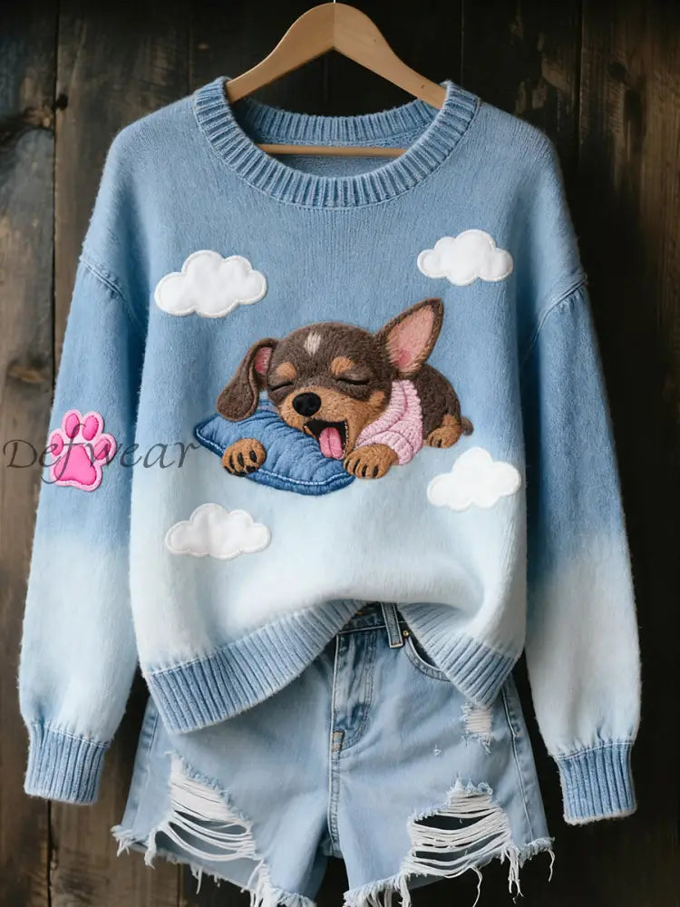 Women’s Aerial Sleeping Chihuahua Dog Tops Blue / S