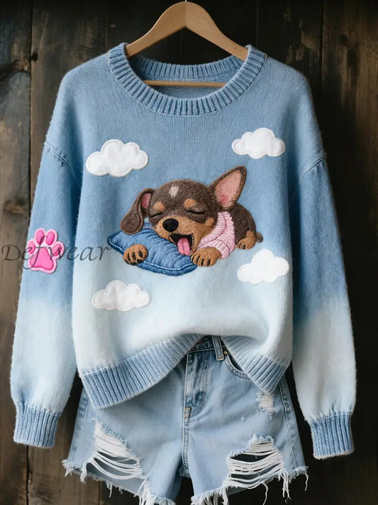 Women’s Aerial Sleeping Chihuahua Dog Tops Blue / S