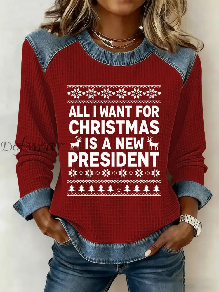 Women’s All I Want For Christmas Is A New President Denim Patchwork Waffle Top Red / S