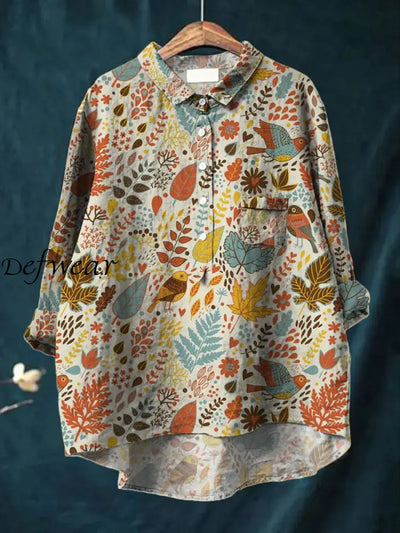 Women’s Art Floral Animal Print V Neck Button Pocket Long Sleeve Shirt Top A / S